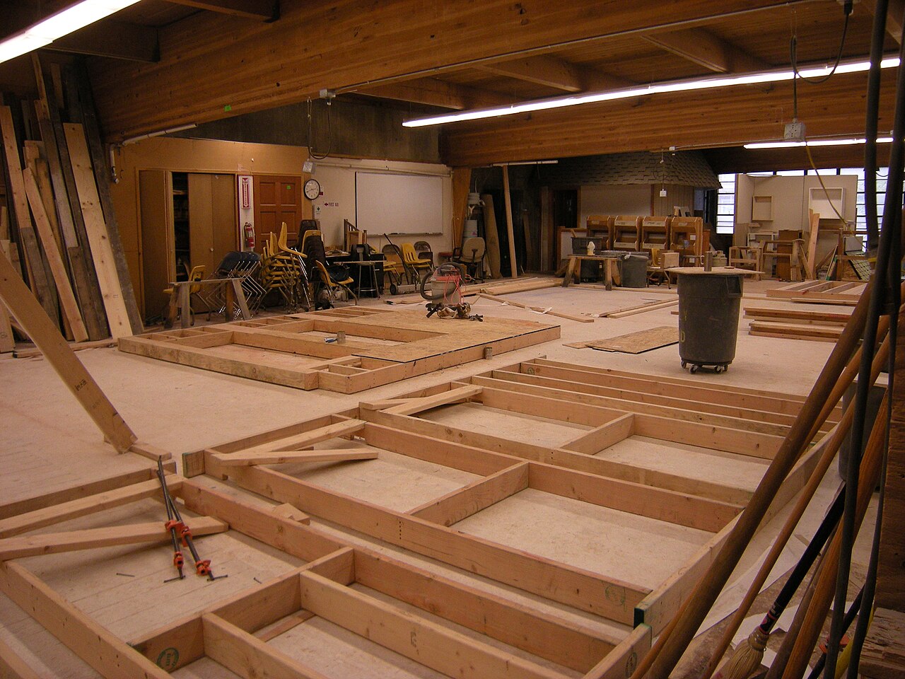 Example of floor joists laid out in a carpentry shop